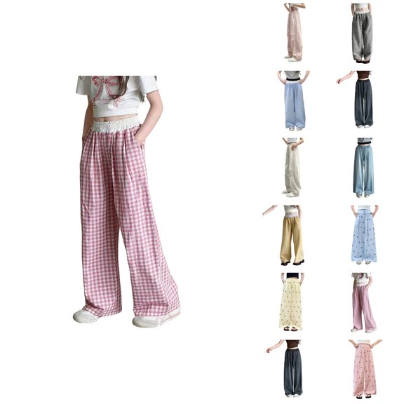 Girls Casual Straight Leg Pants Summer Plaid Blend Long Trousers For Daily Wear