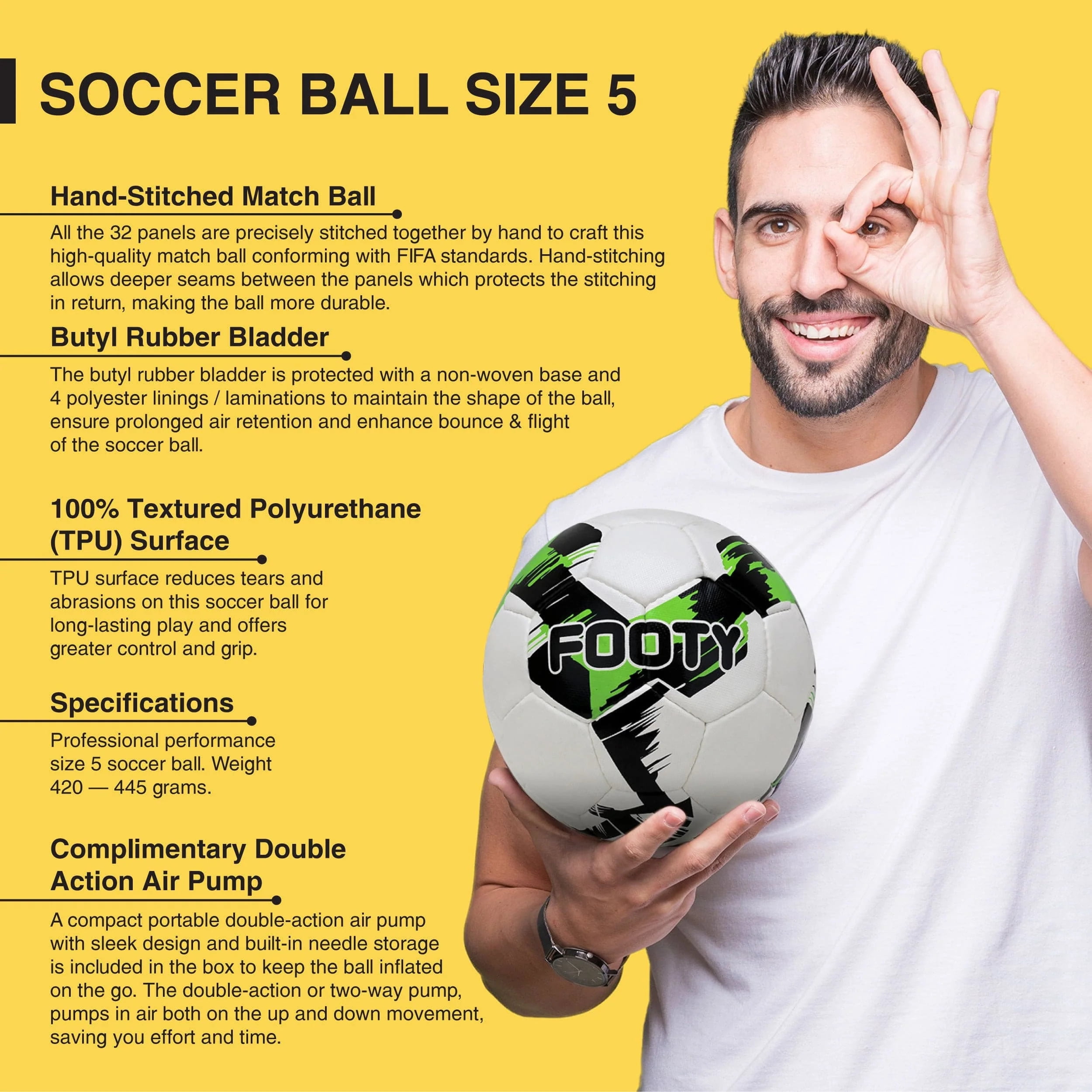 Brisko USA - Footy Premium Hand Stitched Green Soccer Ball Size 5 With Pump