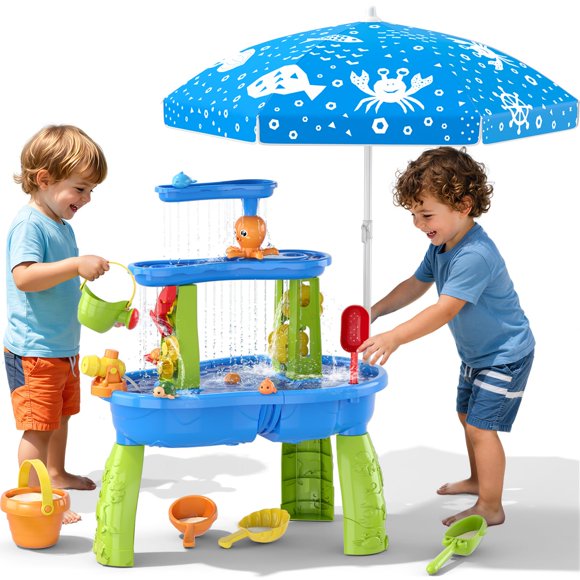 Mesa de agua y arena de 3 niveles Wee Wonders con sombrilla y juguetes