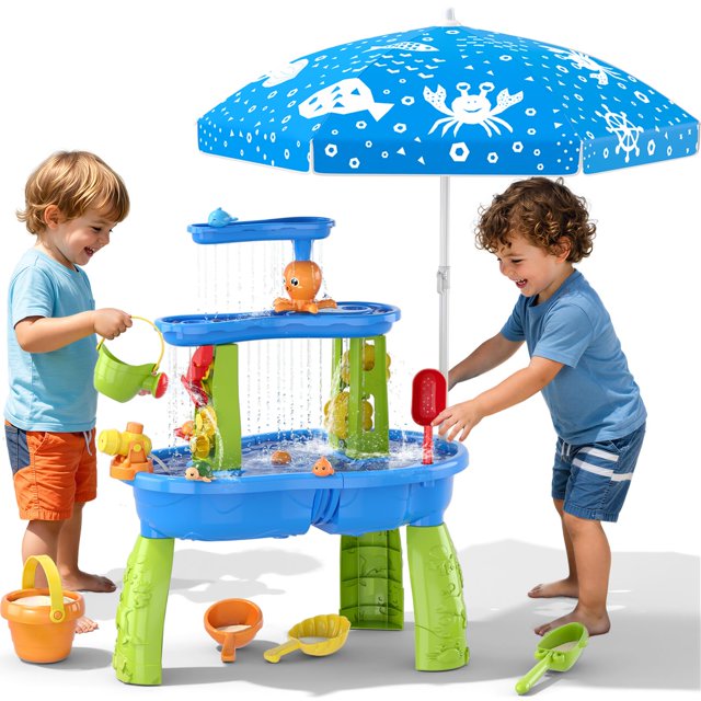 Mesa de agua y arena de 3 niveles Wee Wonders con sombrilla y juguetes