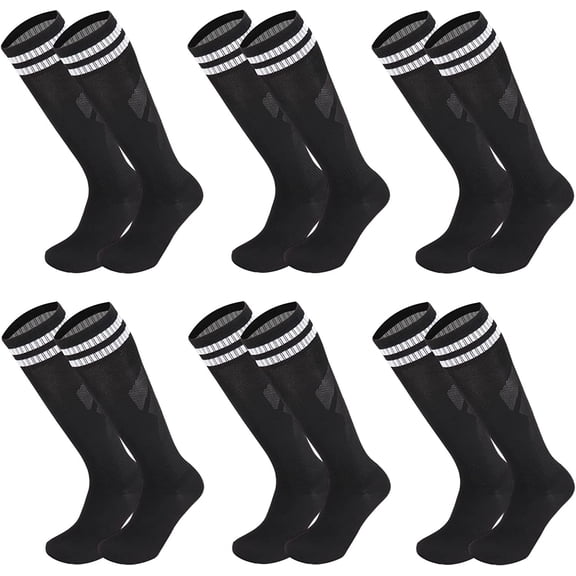 6 Pairs Kids Youth Soccer Socks Solid Striped Knee High Tube Football Sports Socks for Boys Girls 6-12 Years Old (Black)