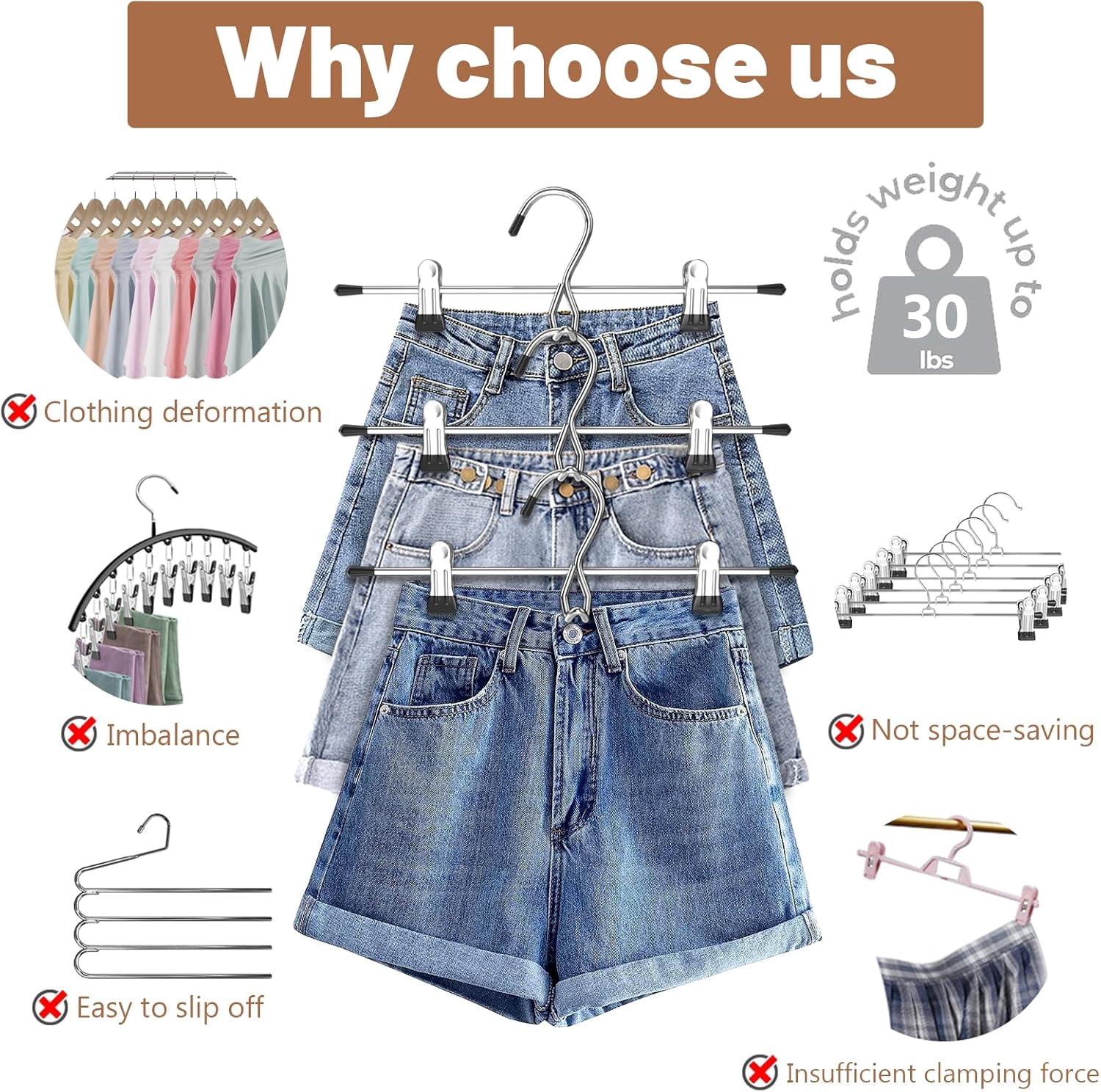 Pants Hangers, Stackable Skirt Hangers with Clips, Hanging Closet Organizer and Storage, Clothes Hangers - 8 Pack