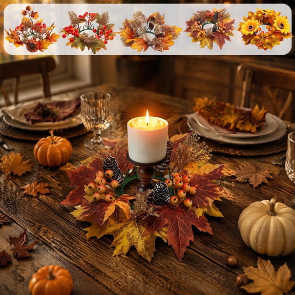 Tyidzon Fall Candle Rings Artificial Autumn Maple Leaf Mini Wreaths with Berries for Thanksgiving Halloween Farmhouse Table Centerpiece