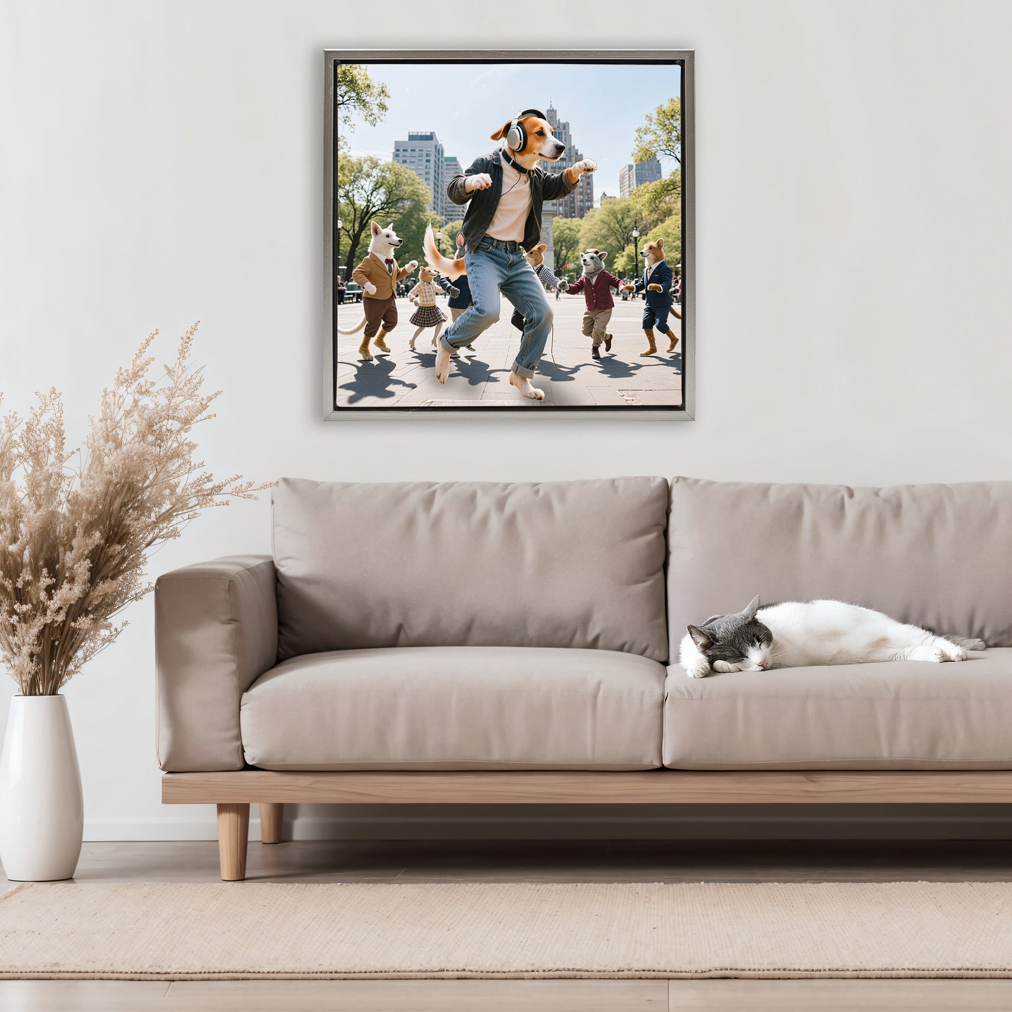 Stupell Industries Stylish Dog Dancing in Park Gray Framed Floater Canvas Wall Art, design by CAD Designs