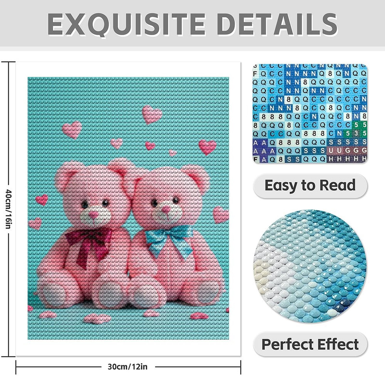 Diamond Art Kit for Adults, Pink Teddy Bears With Hearts Diamond Painting for Adults Beginners, 5D DIY Diamond Art Painting Kits, Colorful Diamond Painting Craft for Home Decor 12x16