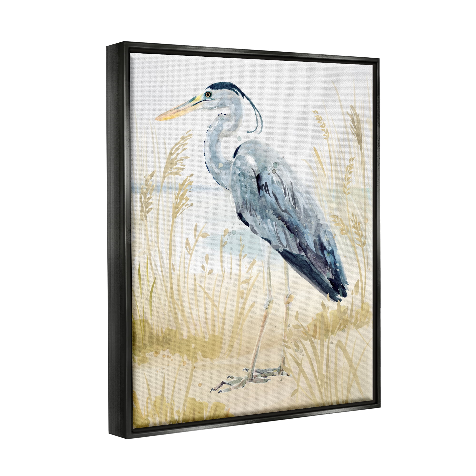 Stupell Industries Heron & Beach Grass Animals & Insects Painting Black Floater Framed Canvas Art Print Wall Art, 17 x 21