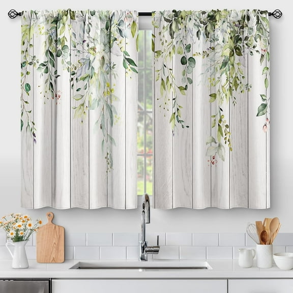 Floral Eucalyptus Leaves Kitchen Curtains - Rustic Country Botanical Plant Flowers Spring Short Cafe Tier Curtains Decor Watercolor Vintage Small Window Drapes 36 Inch Length 2 Panels 28"x36"
