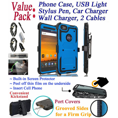 Value Pack + for 5.5" ZTE WARP 8 Blade Force Case Clip Holster Phone Case 360° Cover Screen Protector Kick Stand Armor Shock Bumper Blue