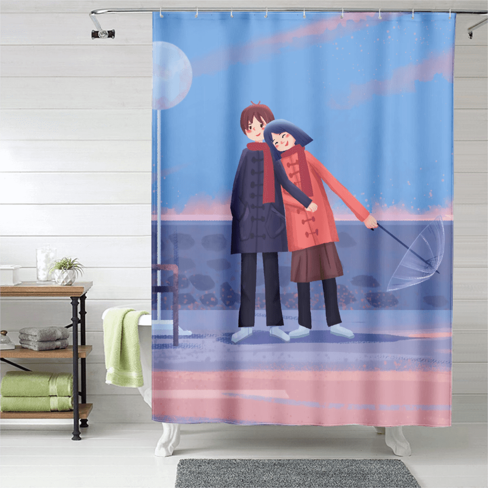 Valentine's Day Shower Curtain Set Love Heart Printed Decoration