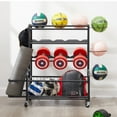 thumbnail image 3 of Living Room Storage Benches 4-Tier Metal Storage Organizer with Rolling Wheels for Basketball Sports Equipment Organizer for Yoga Mat Larger Ball Storage Rack with Baskets and Hooks, Indoor or Outdoo, 3 of 6