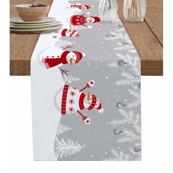 Grey Snowman Christmas Table Runner 72 Inches, Winter Snowflake Pine Xmas Tree Bed Runner Dresser Scarves Tabletop for Indoor Outdoor Parties/Ceremony/Banquet, 14" x 72"