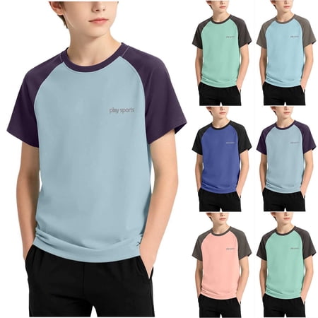 THDHVS Shirts for Boys Raglan Sleeve Quick Dry Round Neck Short Sleeve T-shirt Outdoor Athletic Wear for Kids Boys Shirts Sky Blue 7-8 Years