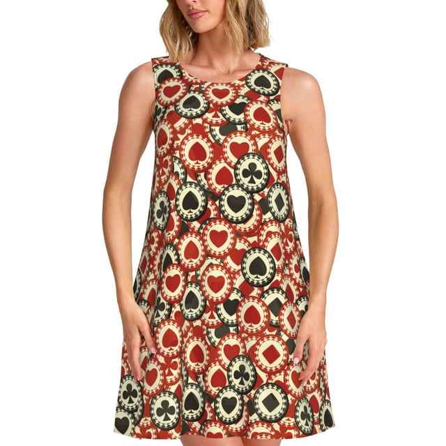 Vsdgher Robes d'Été Imprimées de Jetons de Poker pour Femmes Robe de Plage Décontractée Sans Manches Robe d'Été Ample avec Poche