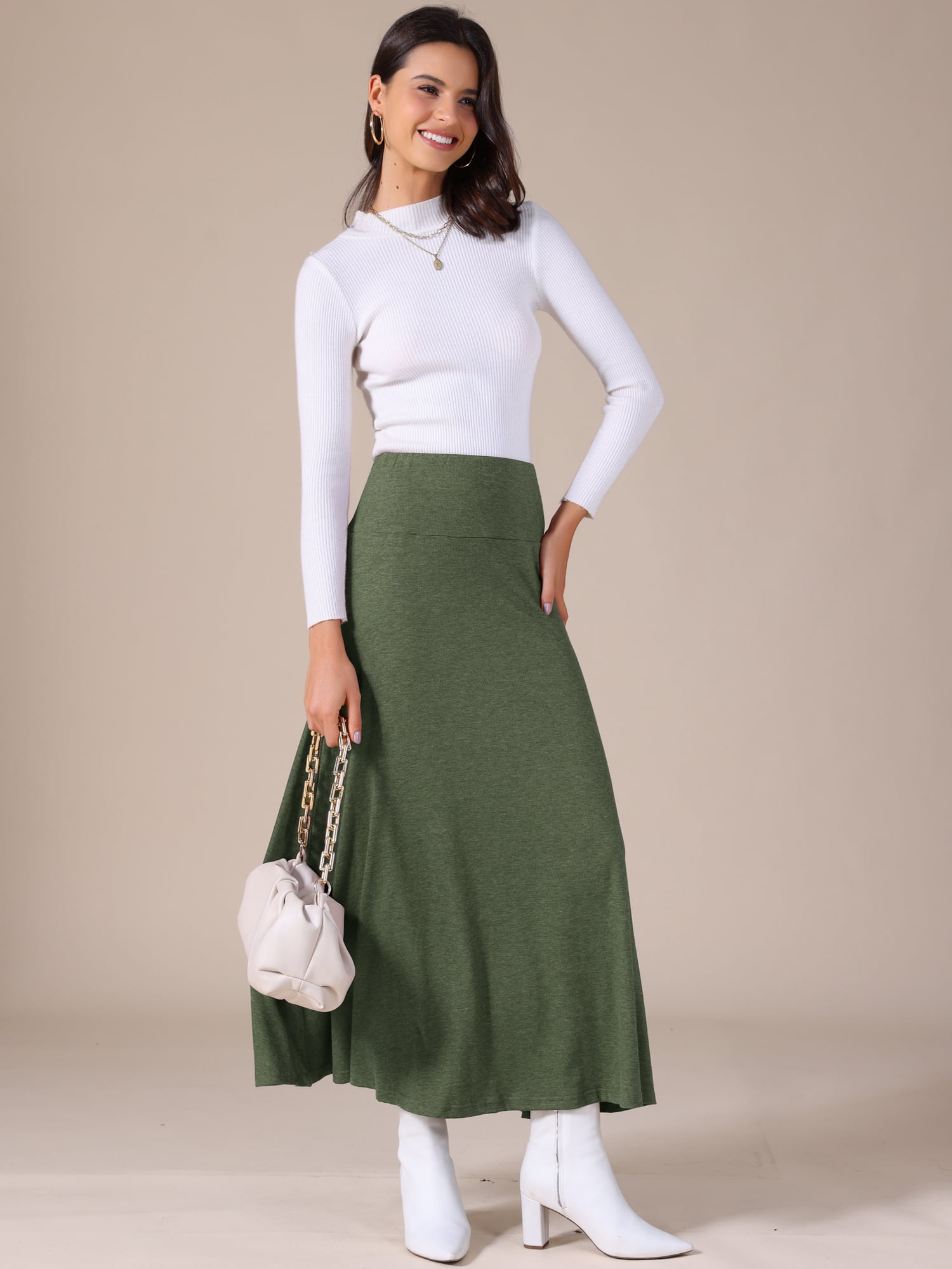 DARING DIVA Women's Foldable High Waist Flowy Flare Maxi Skirts XS Army Green