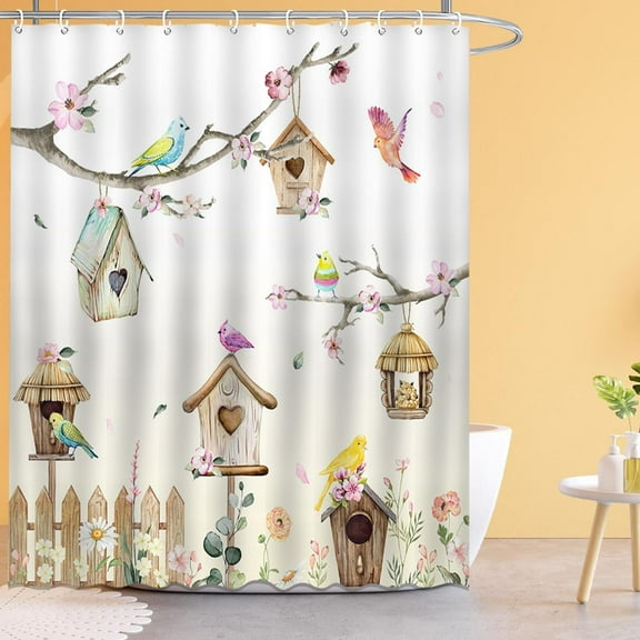 Bird Shower Curtain Spring Vintage Shower Curtain for Bathroom Flower Rustic Waterproof Fabric Bathroom Cutain Decor with 12 Hooks 72x72 Inches
