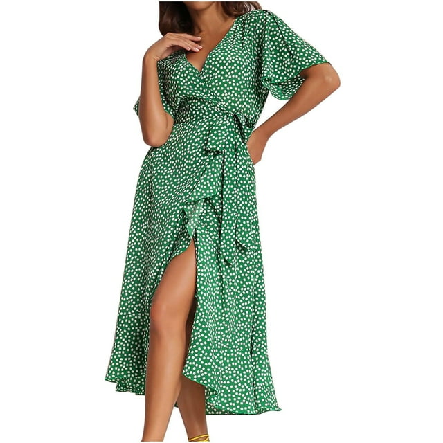 Birdeem Womens Fashion Bohemian V-Neck Loose Short Sleeve Print Mid-Claf Length Dress