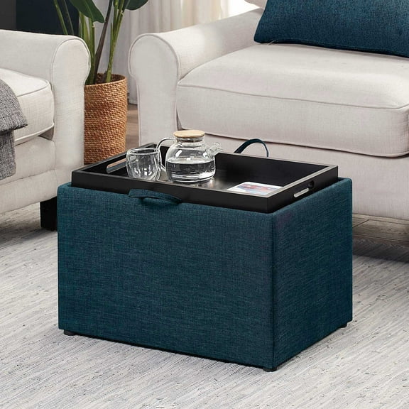Convenience Concepts Designs4Comfort Accent Storage Ottoman with Reversible Tray, Dark Blue Fabric