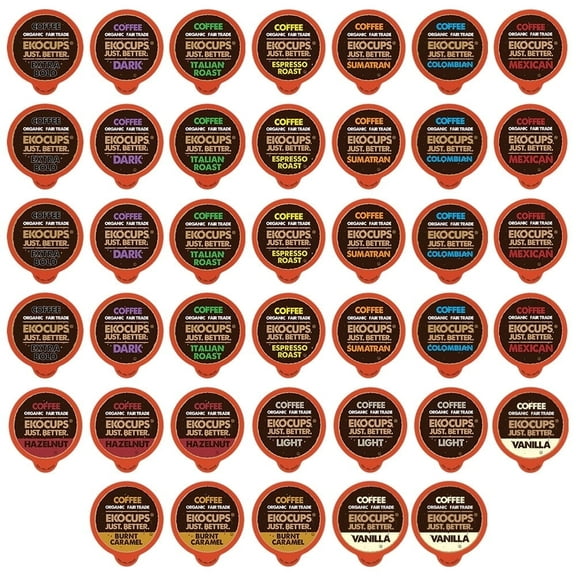 EKOCUPS Organic Fair Trade Assorted Variety Coffee Pods Pack, Extra 30% More Coffee Per Cup, Gourmet Light, Medium and Dark Coffee for Keurig K Cup Machines, Single Serve Recyclable Pods, 40 Count