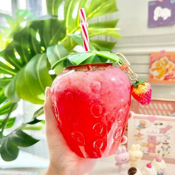 Plastic Tumblers with Lids Straws, Reusable Party Drinking Cup, Cold Coffee Tumbler, Cute Cartoon Strawberry StrawCups for Kids Adults