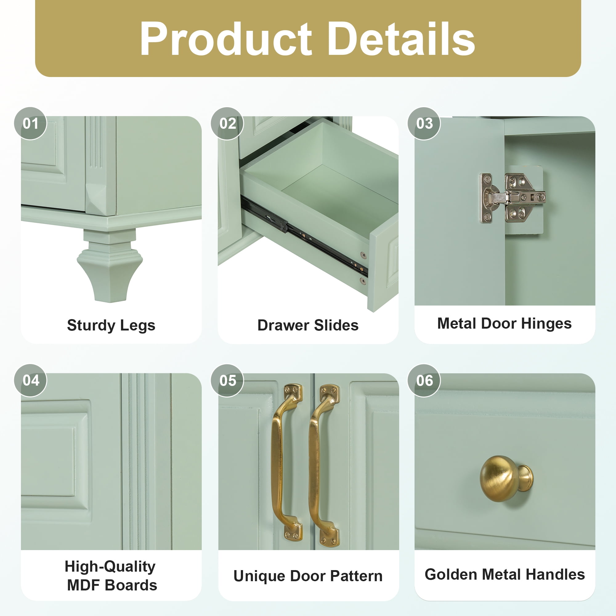 Euroco 36" Bathroom Vanity with Sink, Green Solid Wood Bathroom Cabinet with Flip Drawer, 3 Drawers & 2 Doors, Elegant Design with Golden Metal Handles, Modern MDF Vanity