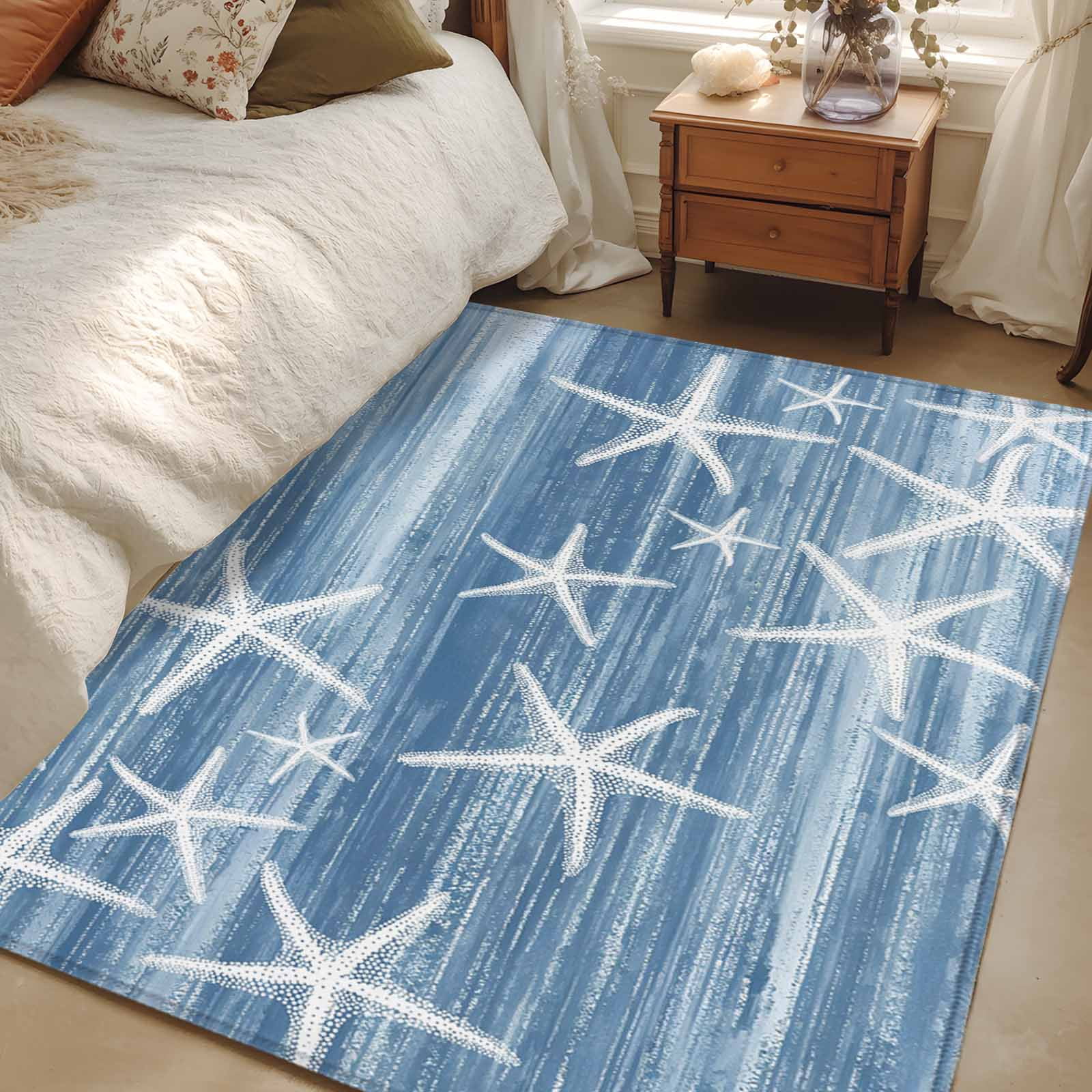 Blue Coastal Area Rugs 4'x6', Washable Small Throw Rugs for Office Bathroom, Summer Ocean Waves Ombre Sea Starfish Indoor Outdoor Rug Non-Slip Low Pile Carpet Runner Reversible Floor Mats