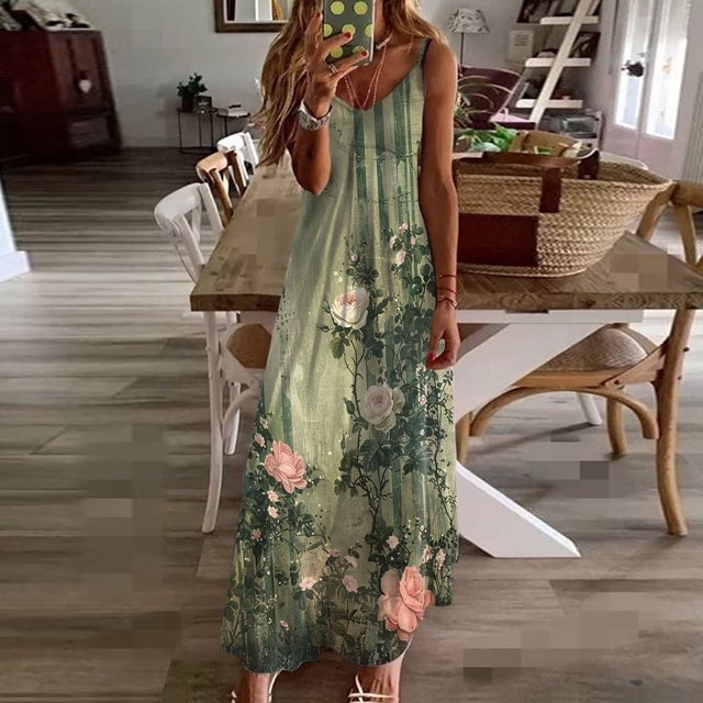 FcBaudy Camisole Sans Manches Col en V, Robes d'Été pour Femmes, Robes Sans Manches Mode Imprimée Bretelles Robes Femmes