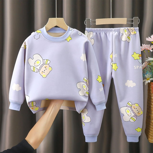 Conjuntos de blusas y camisas de cuello redondo y manga larga para niños con estampado forrado de vellón para mayor calidez Conjunto de ropa de dormir de manga larga con cuello redondo para el hogar d