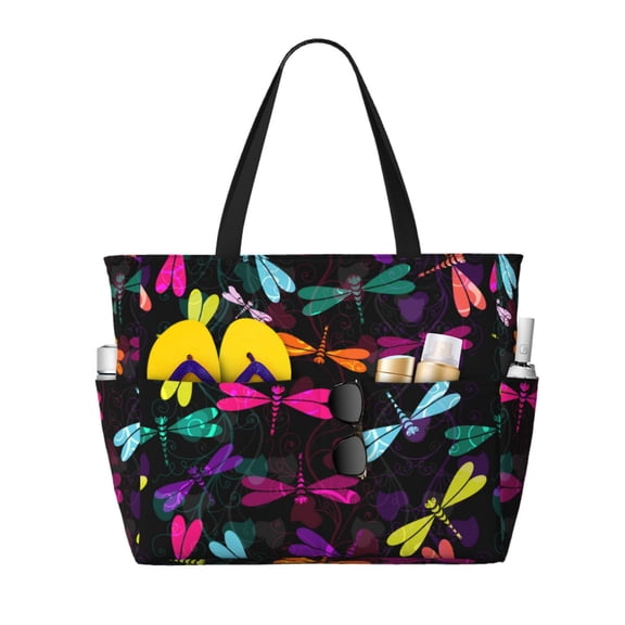 KdxioColorful Dragonflies for Beach Bag for Women Large Beach Tote Bag Waterproof Sandproof Swim Bag with Zipper Pockets Beach Vacation Travel