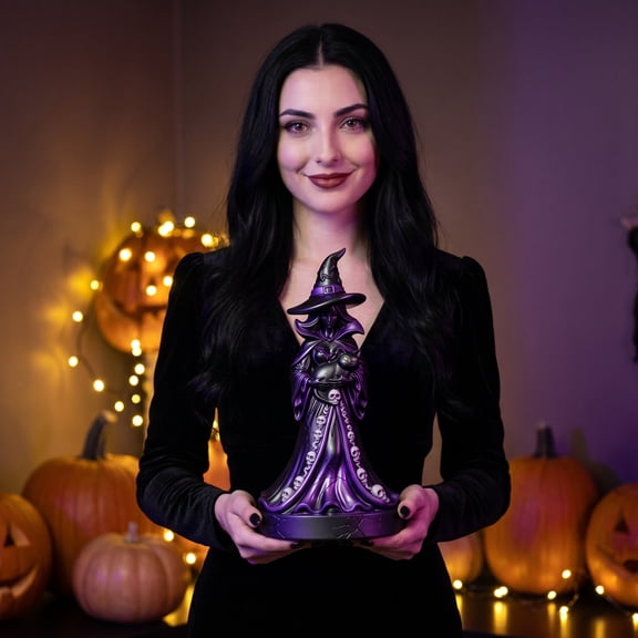 Halloween Witch Statue, Small Size Black Purple Cat Holding, 1 Pack Resin Figurine Decor, Spooky Halloween Decoration for Indoor Home Mantel Tabletop Haunted House Party Display