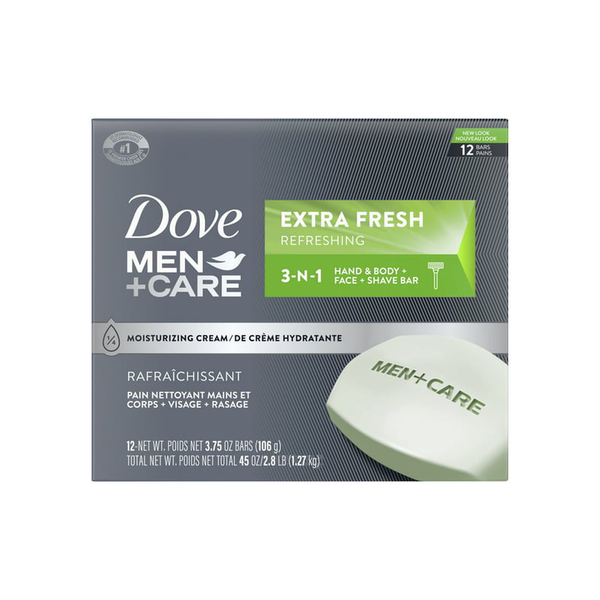 Pack of 2 Dove Men+Care 3-in-1 Moisturizing Body, Face & Shave Bar for All Skin Extra Fresh, 3.75 oz (12 Bars)