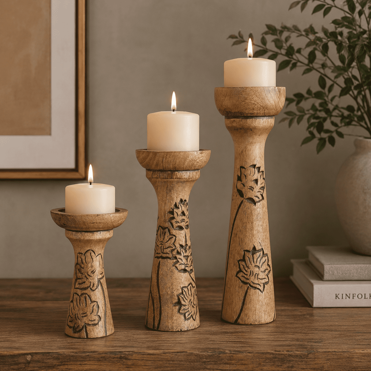 Mela Artisan Pillar Candle Holders Set of 3, Mangowood Candle Stand holders, Grey, 6" x 9" x 12"