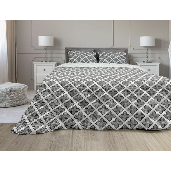 Abstract Comforter & Sham Bedding Set, Art Deco Composition of Geometric Motifs and Shapes in Monochrome Greyscale, 3 pcs Duvet Set Microfiber Filling Quilt, 5 Sizes, Dark Grey Pearl, by Ambesonne