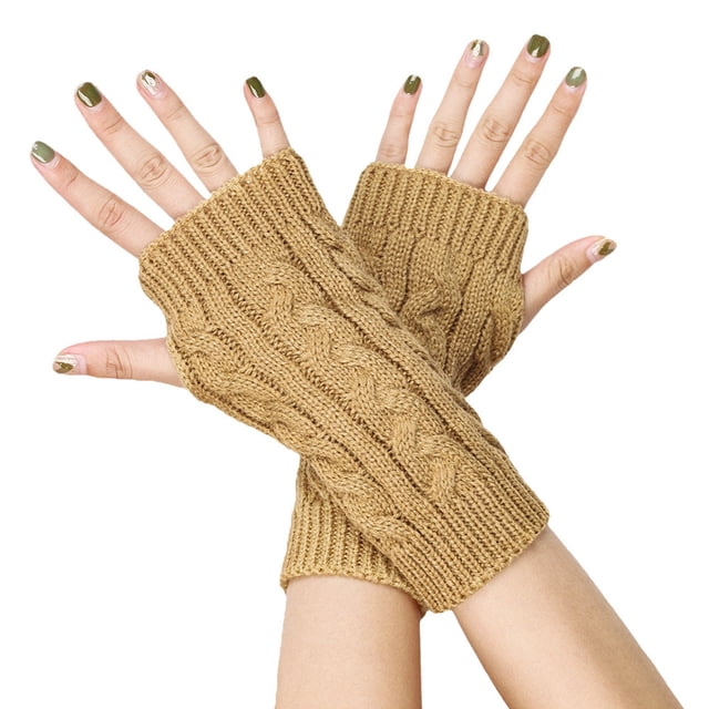 GPOECD Gants en Laine Demi-Doigt Court Protège-Poignet Sans Doigts Manches Dorées, Taille Unique