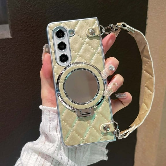 Case for Samsung Galaxy Z Fold 6, Fashion PU Leather Cover with Mirror, Wristband & Kickstand, Plating Frame Shockproof Protective Phone Case for Girls and Women, for Galaxy Z Fold 6, Gold