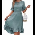 thumbnail image 3 of Vestidos de Mujer de Corta, Cintura Alta, Cuello Redondo, Liso, con Volantes, Gris, Azul, XXL, 3 of 8