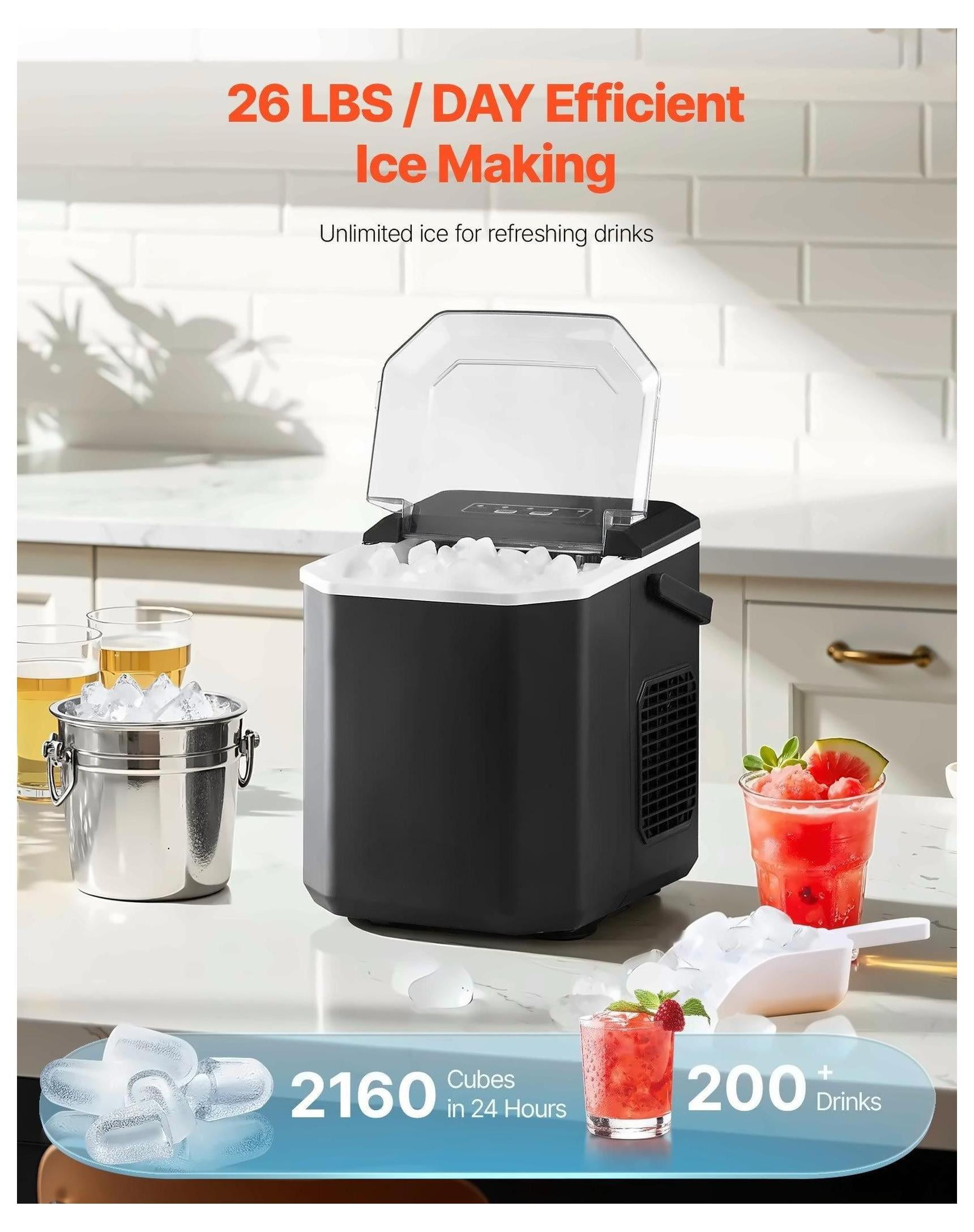 Portable Ice Maker, 26lbs/24h Countertop Ice Machine, Self-Cleaning, Bullet & Large Ice, Stainless Steel, Fast Ice Maker for Home Bar & Kitchen