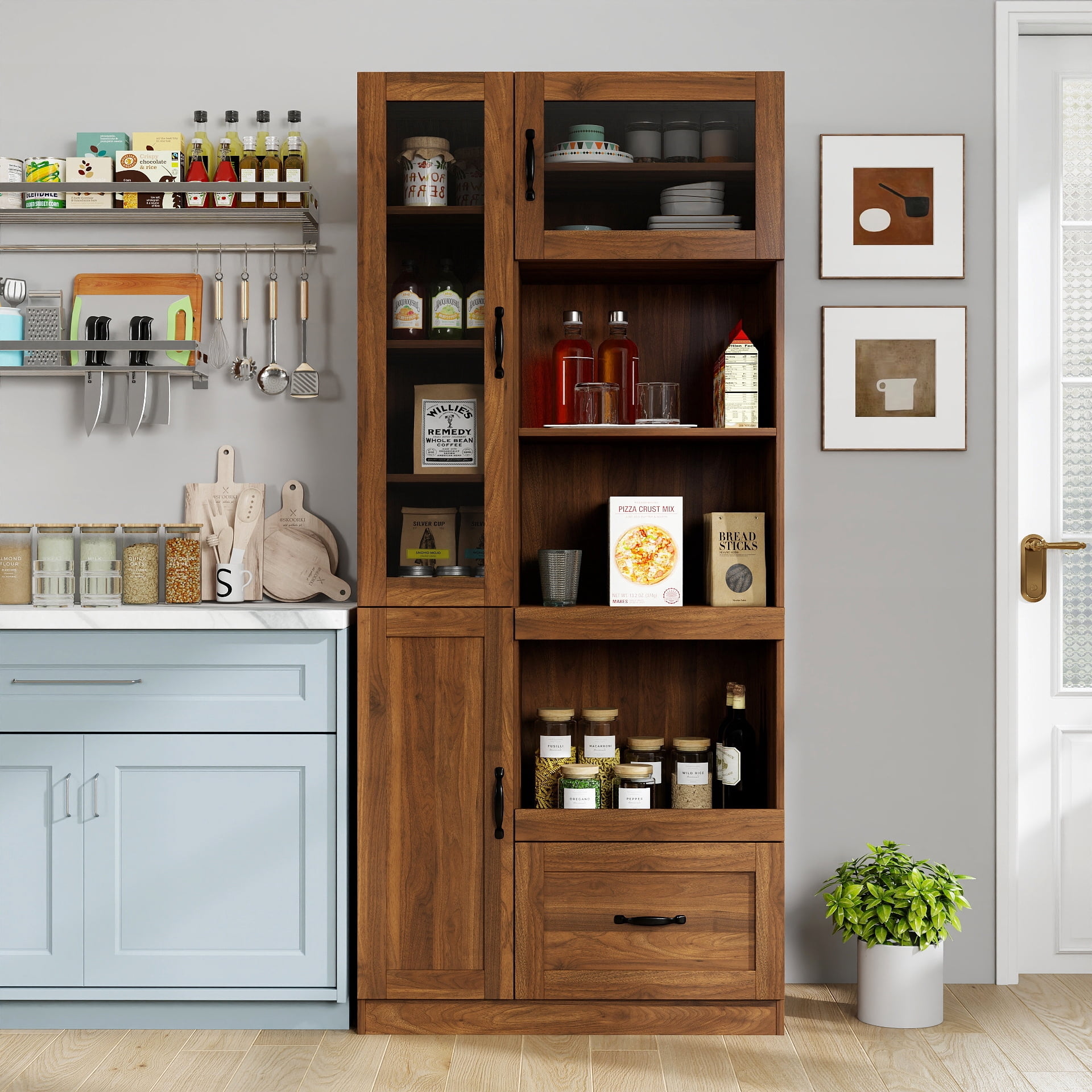 Mintazer Farmhouse Kitchen Hutch Cabinet with Microwave Stand, Freestanding Storage Buffet Sideboard Coffee Bar Cabinet for Home & Pantry, Brown