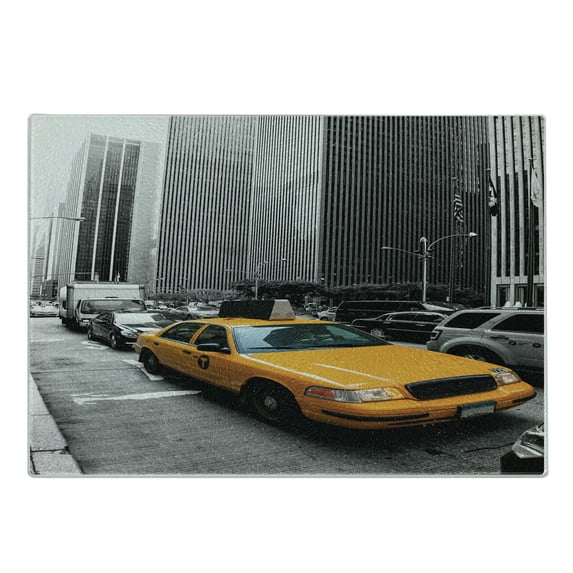 City Cutting Board, Yellow Cab in New York City Touristic Attractions Traffic Road Photography, Decorative Tempered Glass Cutting and Serving Board, Small Size, Marigold Grey Black, by Ambesonne