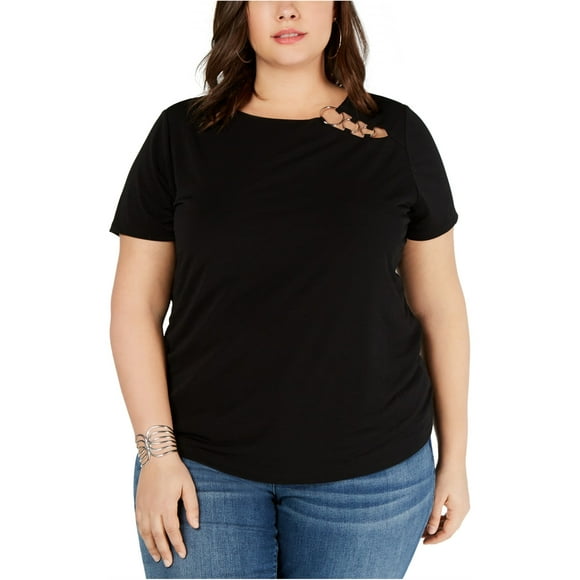 I-N-C T-Shirt O-Ring Embelli pour Femmes, Noir, 1X