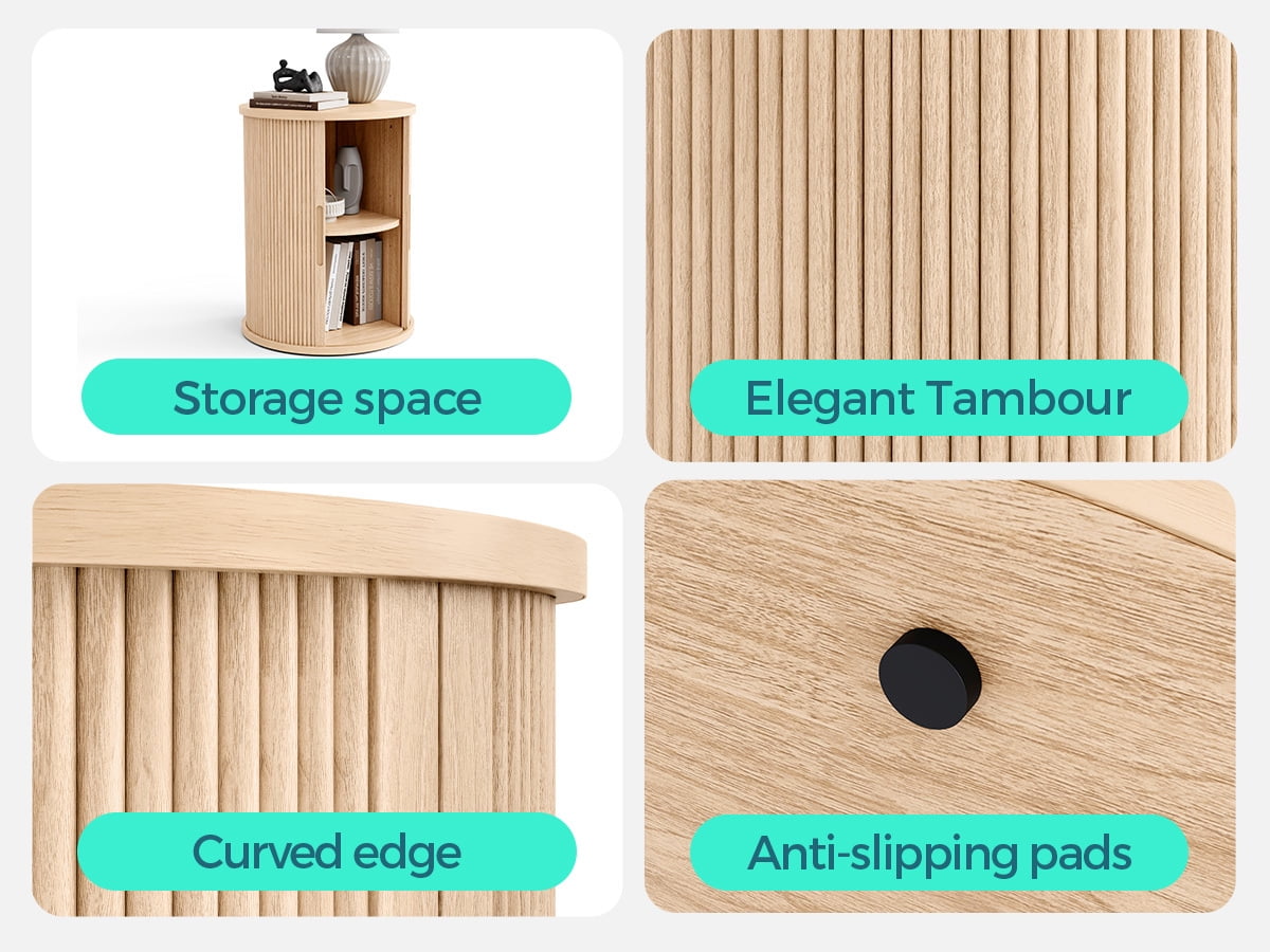 LINSY HOME Fluted Round End Tables for Living Room, Nightstand for Bedroom with with Sliding Tambour Door and Adjustable Shelves, Oak(1 Pcs)