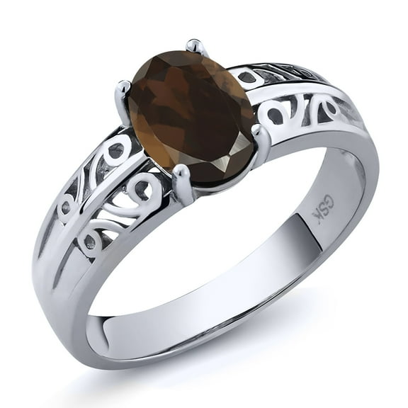 Gem Stone King 1.20 Ct Oval Brown Smoky Quartz 925 Sterling Silver Ring (Size 8)