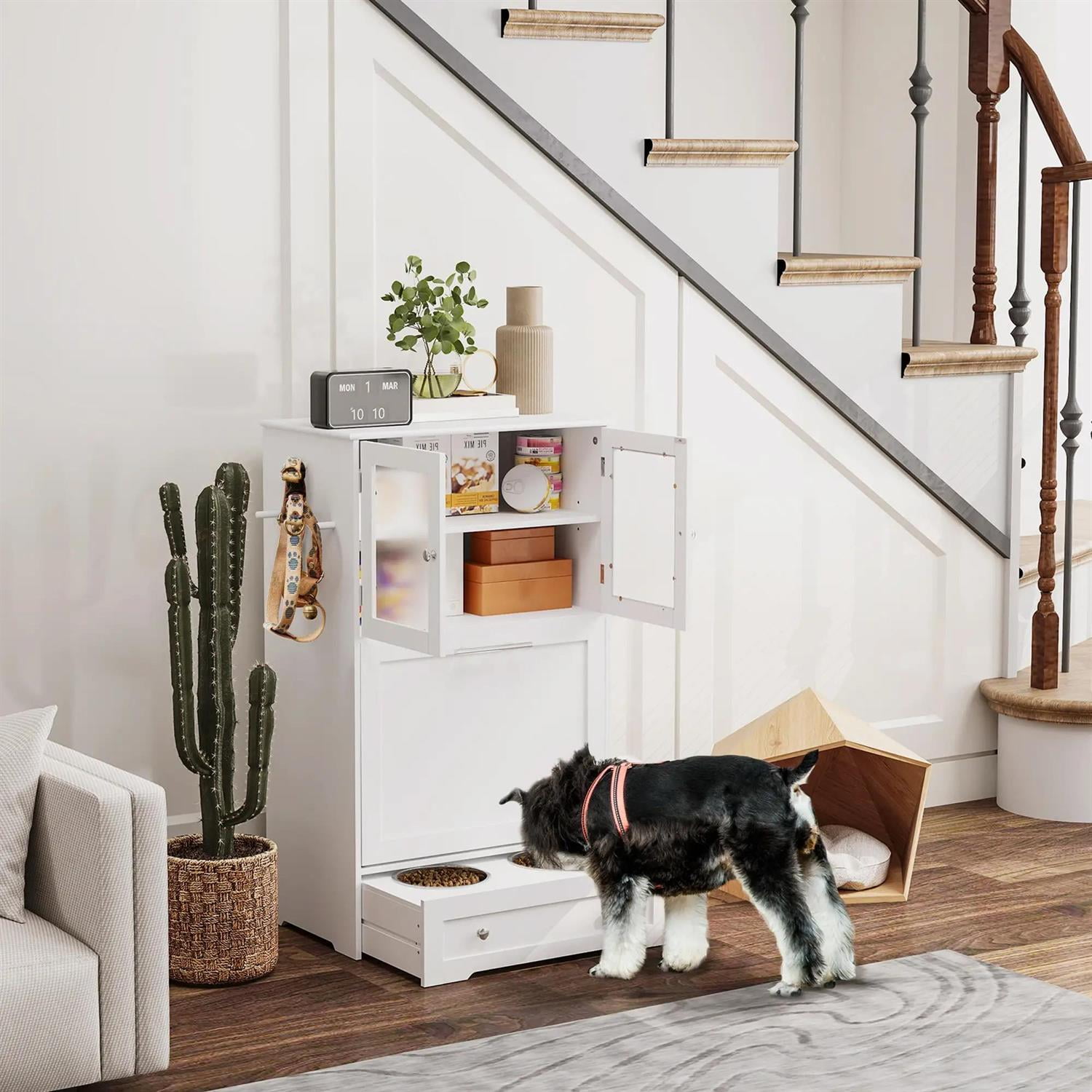 Pefilos 39" Modern Pet Feeding Station Furniture with 2 Storage Cabinets, 2 Elevated Dog Bowls, Side Hooks, Anti-tip Kit, Pet Food Storage Cabinet, Pet Toy Storage Organizer, White