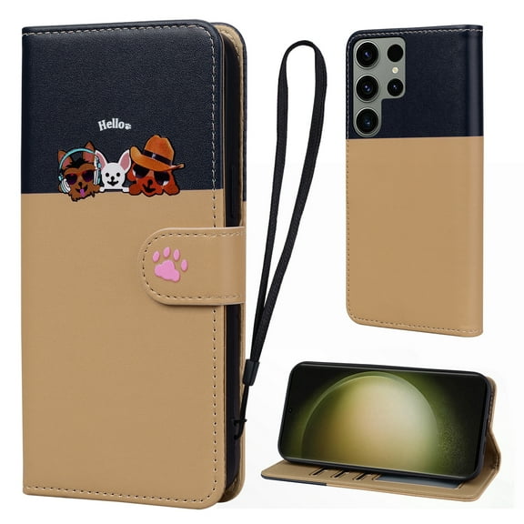 Cute Cartoon Wallet Phone Case for Samsung Galaxy S23 Ultra, with Card Holder Soft PU Leather Kickstand Cover for Men and Women Magnetic Shockproof Protective with Lanyard, Khaki