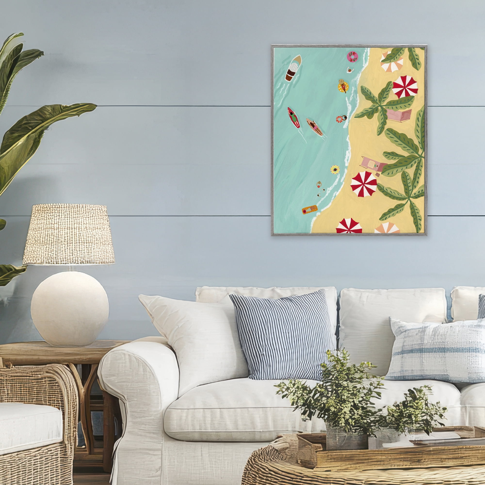 Busy Beach Day Hangout Gray Framed Giclee Art, design by Nabeela Rumi