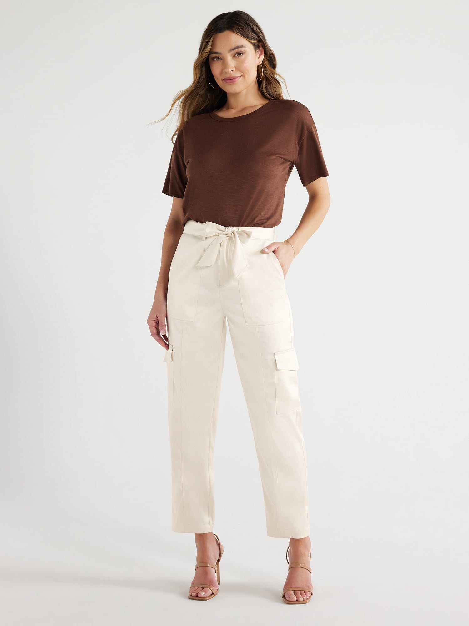 Sofia Jeans Women's Tapered High Rise Satin Cargo Pants, 27" Inseam, Sizes 0-18