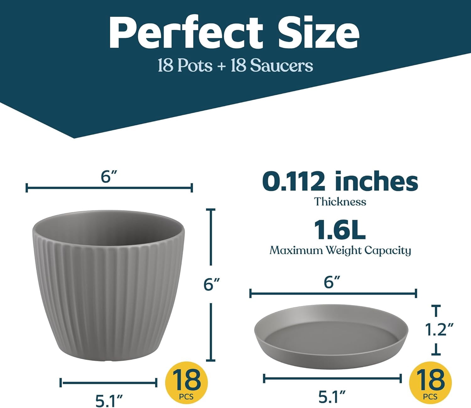 Gray 6-Inch Plant Pots with Drainage & Saucers 18 Pack, Indoor & Outdoor Planters for Houseplants, Herbs, and Flowers, Durable & Weatherproof Material, Stackable, Lightweight, Minimalist Design
