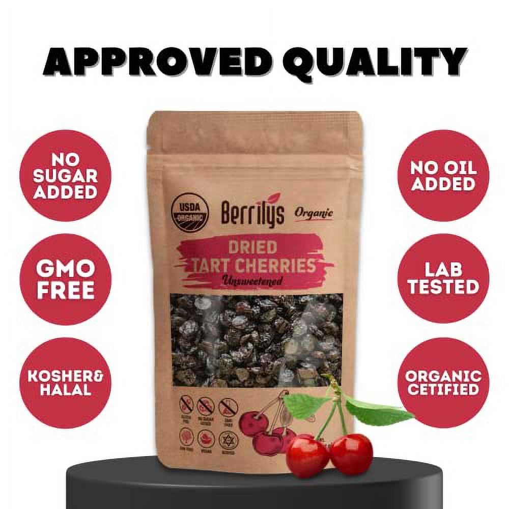 Berrilys Organic Dried Tart Cherries, 1 lb, Unsweetened, Pitted, Non-GMO, Kosher, Unsulfured, No Added Sugar