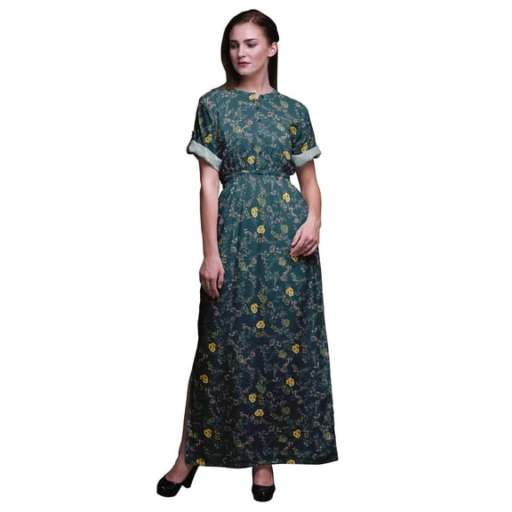 Bimba Rayon Leaf Floral Ladies Long Gown Boho Beach Cocktail Party Maxi Slit Dress-Large