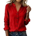 thumbnail image 4 of Satingcolo Linen Button Down Shirt Women Summer Fall Fashion Long Sleeve Gauze Tops Dressy Casual Work Blouse with Pocket Red M, 4 of 6