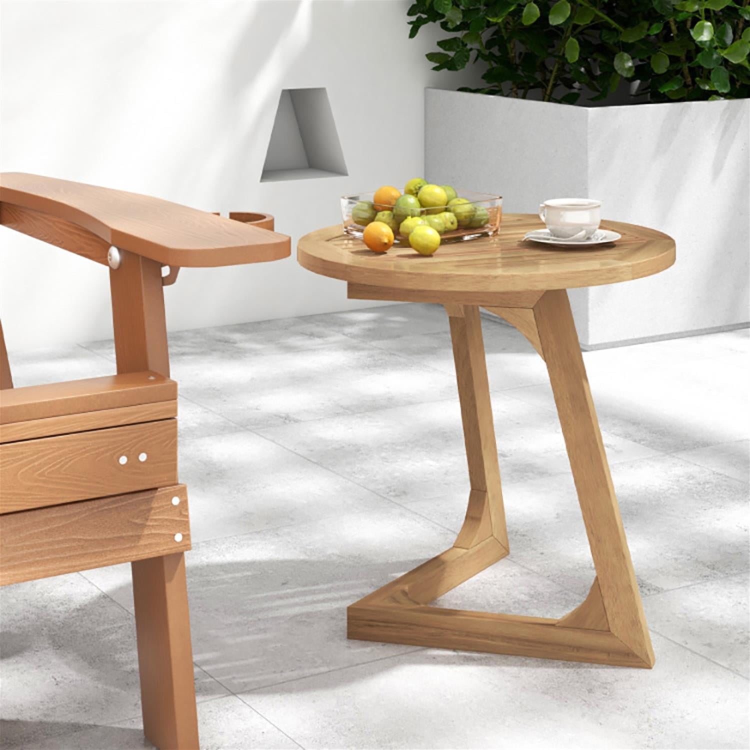 Demi Bonn Teak Wood Sofa Side Table, Round End Table with Slatted Tabletop for Small Spaces, Living Room, Bedroom, Brown